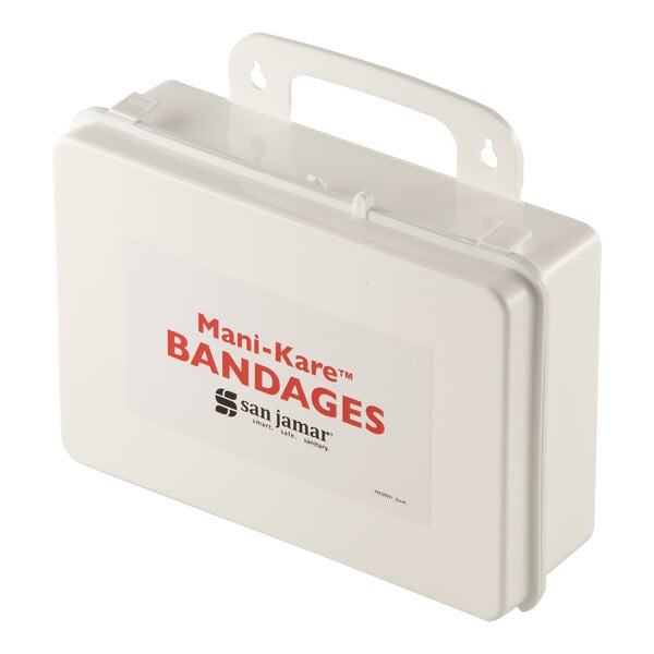 A white San Jamar first aid kit with the word "Bandages" on it.