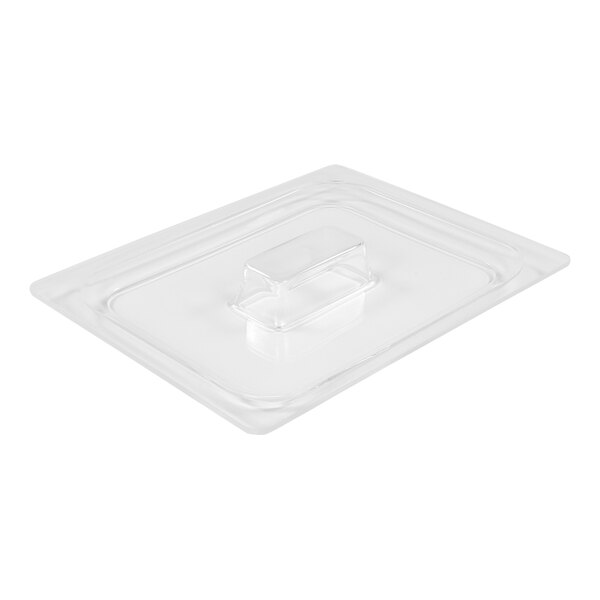 A translucent rectangular plastic lid for a food container.