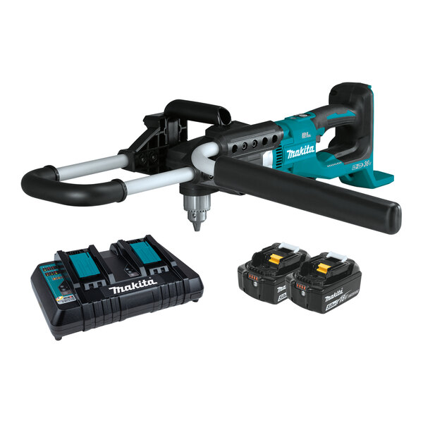 A Makita cordless earth auger kit with two 18V batteries and a dual-port charger.