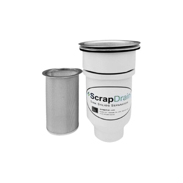 The EarthBio ScrapDrain Solids Separator with fine basket inside a white container with a lid.