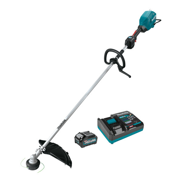 A close-up of a Makita cordless string trimmer with a black and blue battery attached.