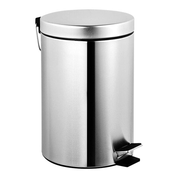 An American Specialties, Inc. stainless steel step-on waste receptacle with a lid.