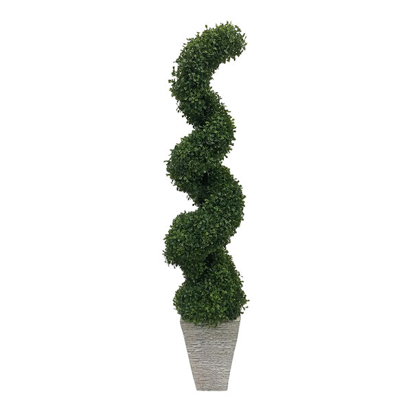 An LCG Sales artificial spiral topiary shrub in a faux stone pot.