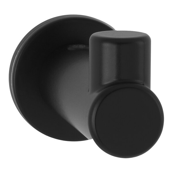 A Bobrick stainless steel coat hook with a matte black round cap.