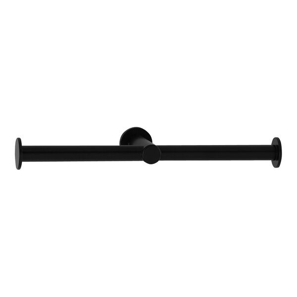 A black metal Bobrick double roll toilet tissue holder with round holes.