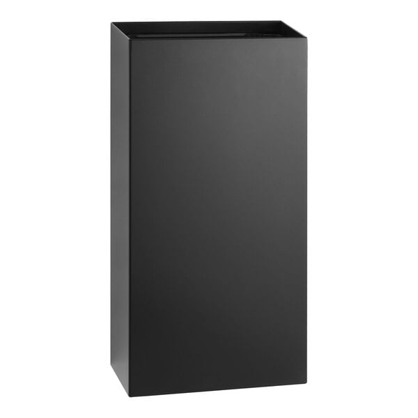 A black rectangular Bobrick waste receptacle with a lid.