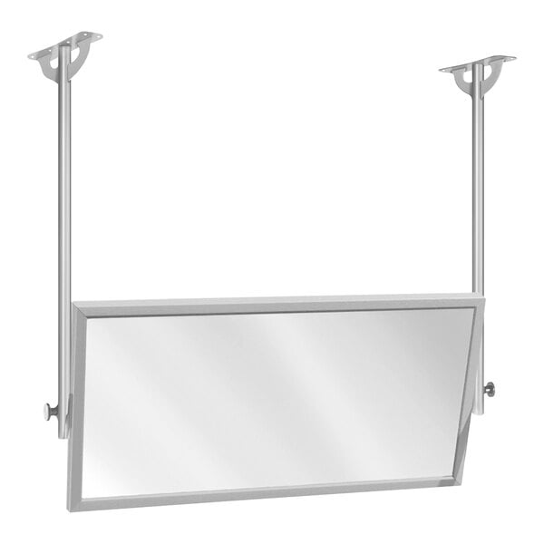 A rectangular stainless steel mirror with a metal frame on a metal pole.