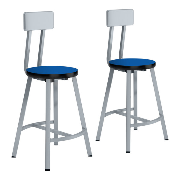 Two gray metal National Public Seating lab stools with Persian Blue seat and backrests.