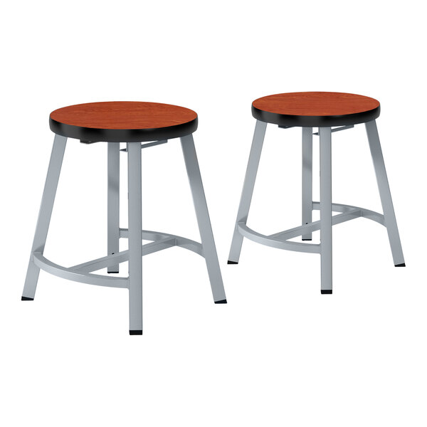 Two National Public Seating metal lab stools with Wild Cherry high-pressure laminate seats.