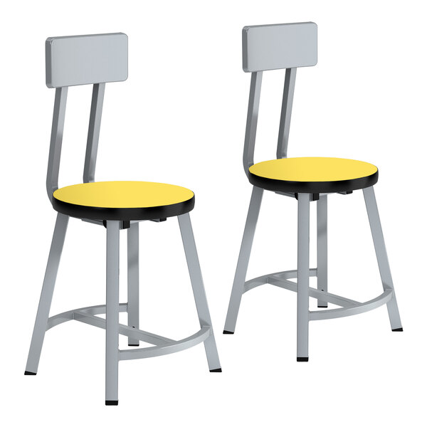 Two National Public Seating gray steel lab stools with marigold seats and backrests.