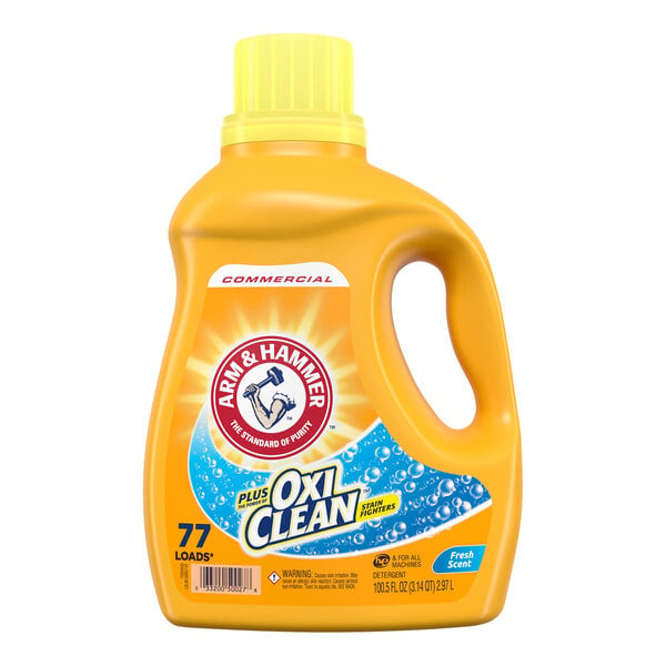 An Arm & Hammer bottle of laundry detergent with a white label.