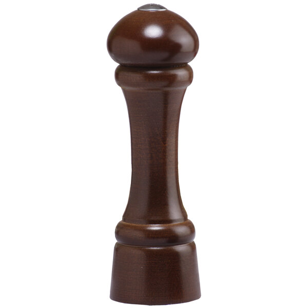 A close-up of a wooden Chef Specialties Windsor walnut salt or pepper shaker with a black knob.