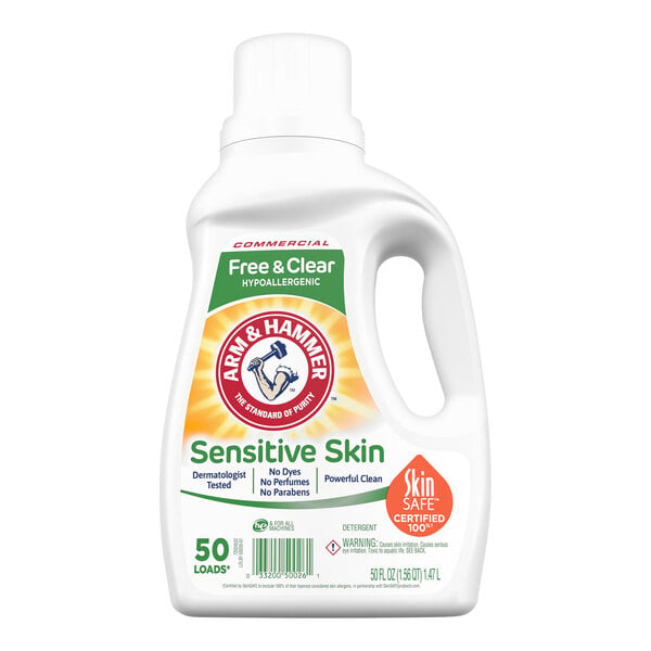 Arm & Hammer Free & Clear Liquid Laundry Detergent in a white bottle with a label.