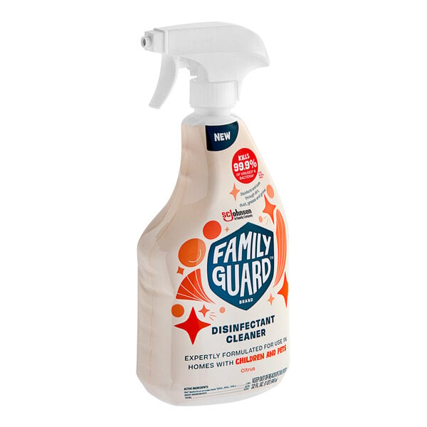 A white plastic spray bottle of FamilyGuard Multi-Surface Citrus Scented Disinfectant Cleaner with a white label.