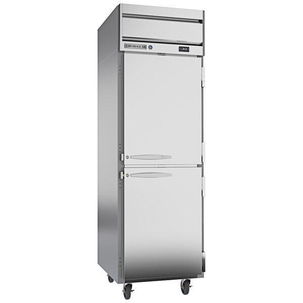 A stainless steel Beverage-Air reach-in refrigerator with two half doors.