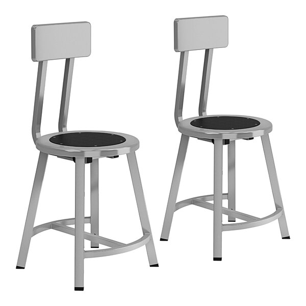 Two National Public Seating metal lab stools with black seats and backrests.