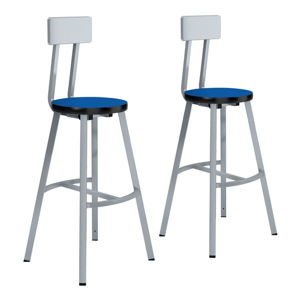 A pair of National Public Seating Titan lab stools with blue seats and backs.