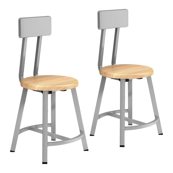 Two National Public Seating gray steel lab stools with wooden seat and backrest.