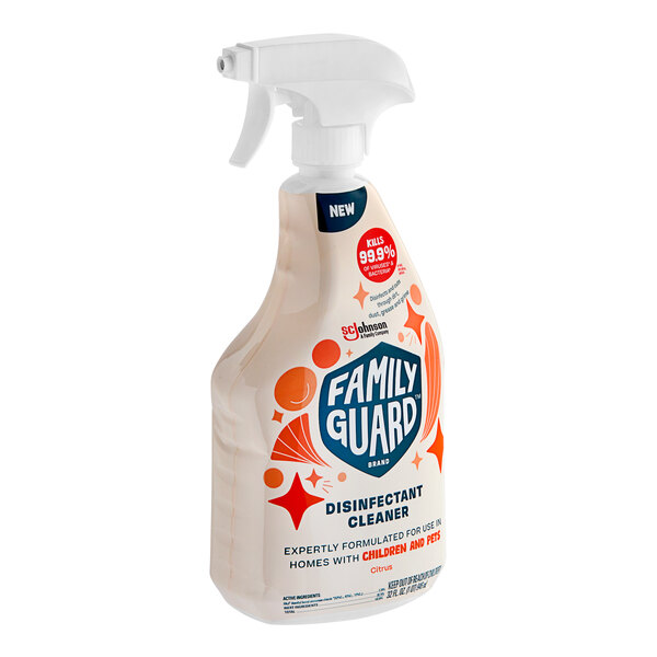 A white plastic bottle of FamilyGuard Multi-Surface Citrus Scented Disinfectant Cleaner with a white and orange label.