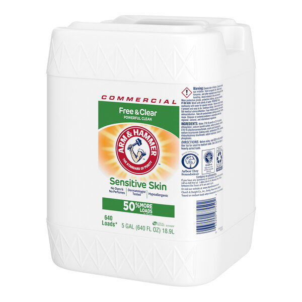 An Arm & Hammer white container of unscented laundry detergent.