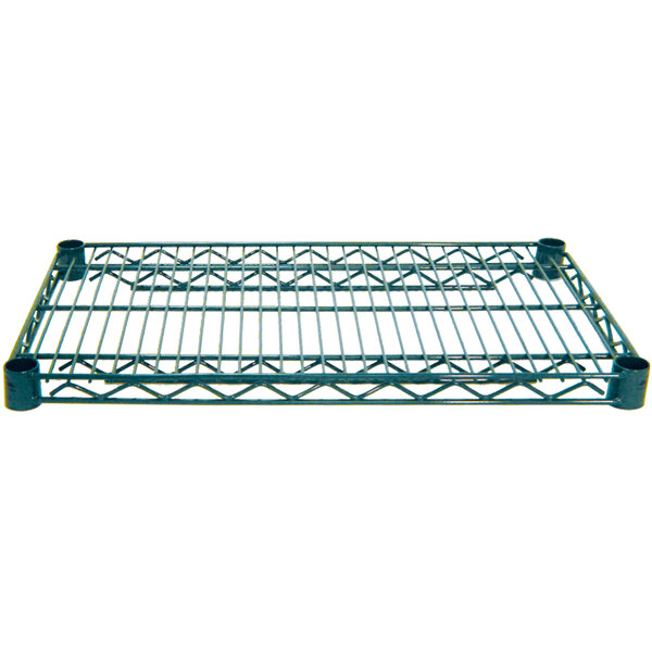 An Advance Tabco metal shelf with green epoxy coating.