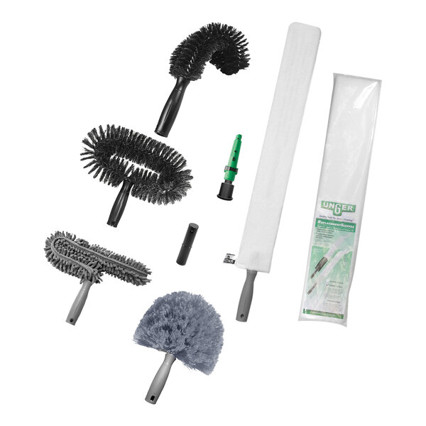 An Unger High Access Dusting Kit with white and green brushes and a white tube.