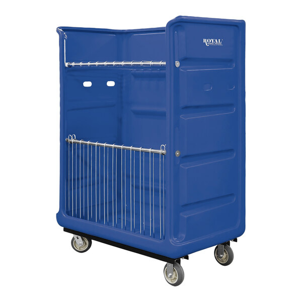A blue plastic Royal Basket truck with metal rods and wheels.