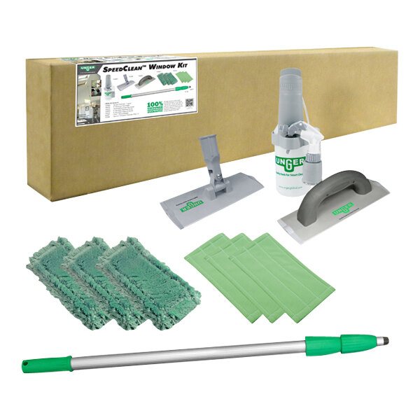 An Unger window cleaning kit box with green and white cleaning tools inside.