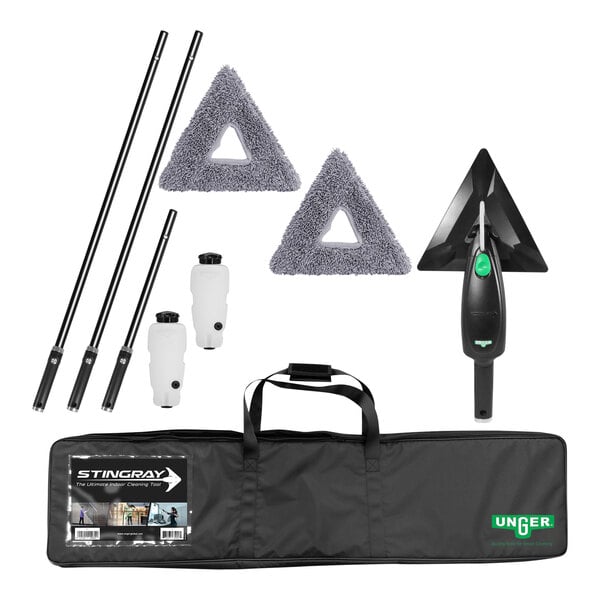 A Unger Stingray Deluxe refillable microfiber surface cleaning kit in a black bag with cleaning tools.