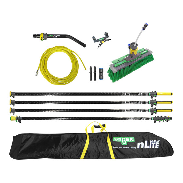 An Unger NLKU3 window cleaning kit with HiMod carbon poles in a black bag with a yellow strap.