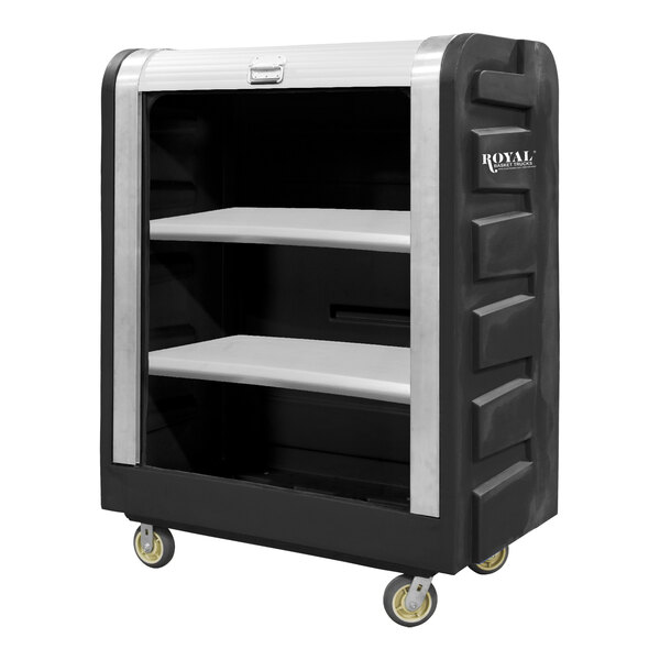 A black and silver metal cart with shelves.
