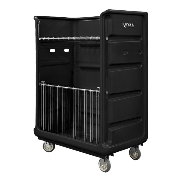 A black Royal Basket Trucks turnabout laundry cart with metal racks and wheels.
