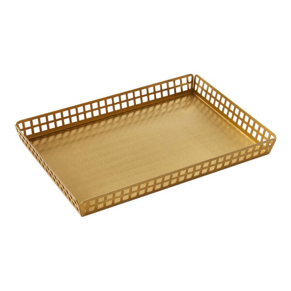 An American Metalcraft gold stainless steel rectangle fry basket server with a lattice design and holes.