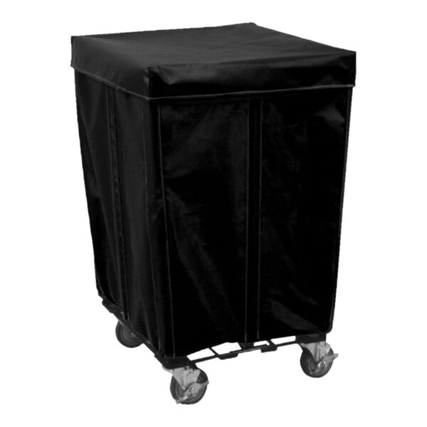 A black Royal Basket Trucks laundry cart with wheels.