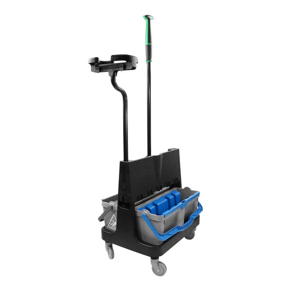 A Unger OmniClean mop cart with two blue buckets on a black and blue trolley.