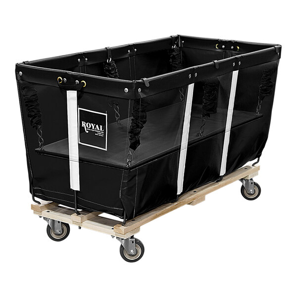 A black rectangular fabric cart with white wheels.