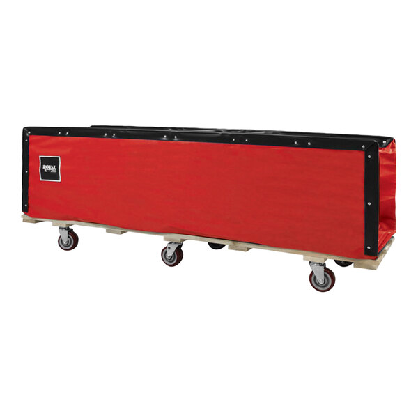 A red and black Royal Basket Trucks laundry cart with wheels.