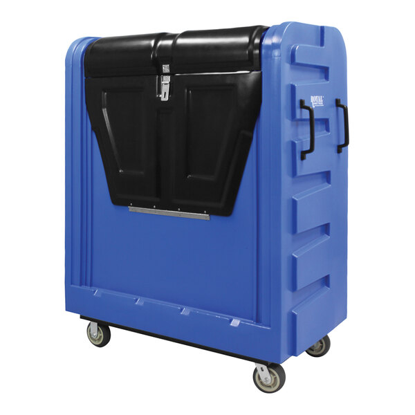 A blue and black plastic Royal Basket Trucks security container with wheels.