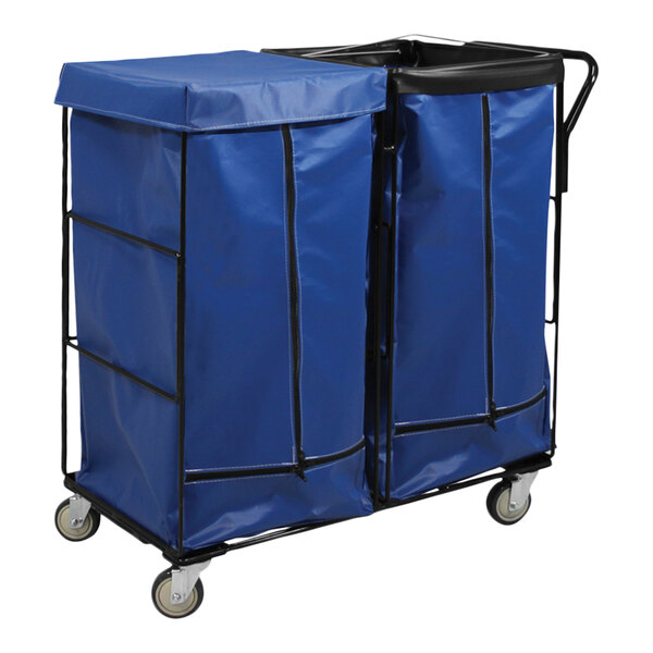 A blue Royal Basket Trucks double compartment collection cart with black bags on it.