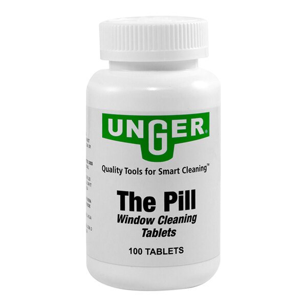 A white Unger bottle with green text and a white cap filled with Unger The Pill glass cleaner tablets.