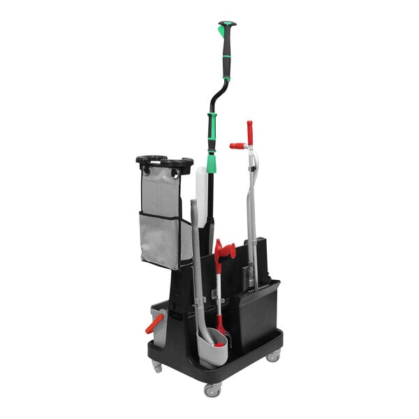 An Unger OmniClean cleaning cart with a black and white bag and green trim.