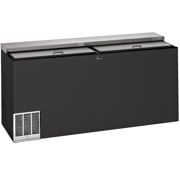 A black Perlick horizontal flat top bottle cooler with two doors.