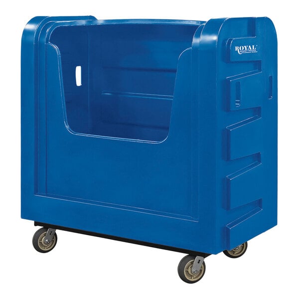 A Royal Basket Trucks blue plastic cart with wheels.