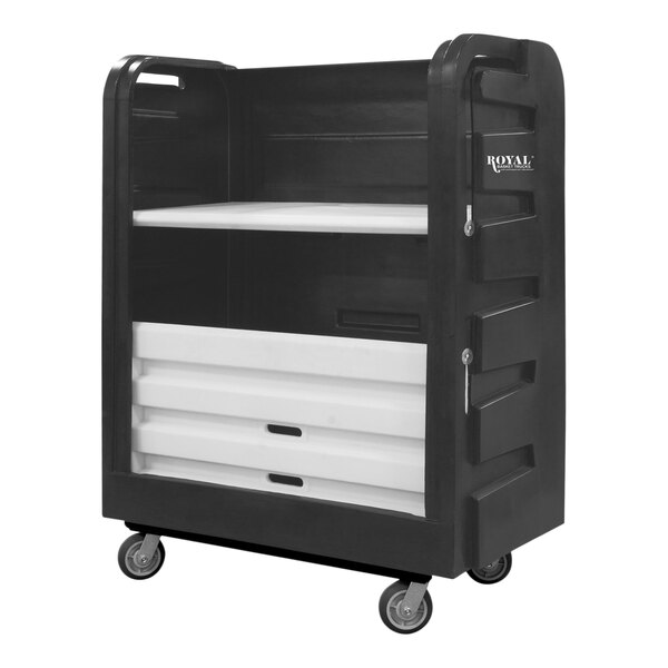A black plastic Royal Basket Trucks turnabout laundry cart on swivel casters.