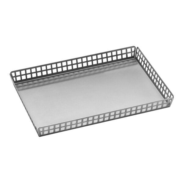 An American Metalcraft stainless steel rectangle fry basket server with a grid pattern and holes.