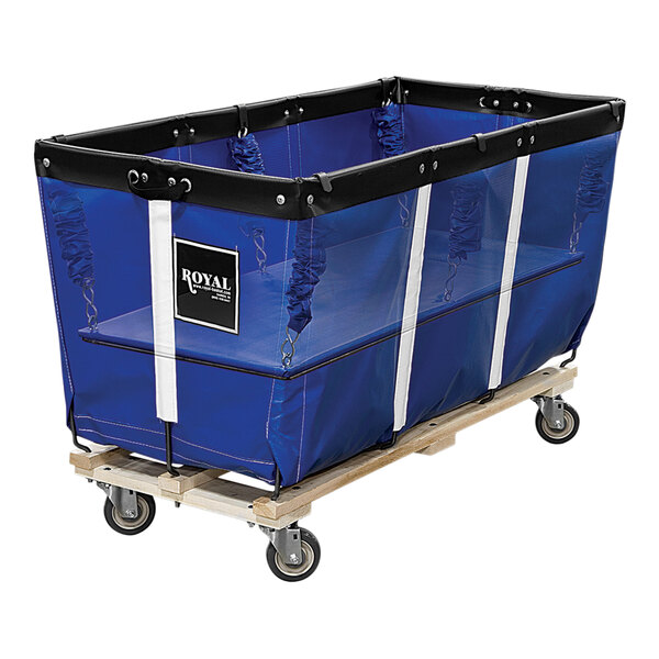 A blue Royal Basket Trucks cart with white fabric container on swivel casters.