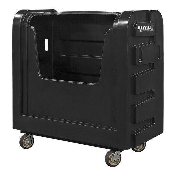 A black plastic cart with wheels.