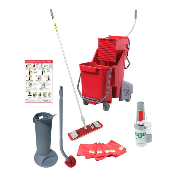 A red Unger Pro RRPRO daily restroom mop bucket kit with cleaning tools and supplies.