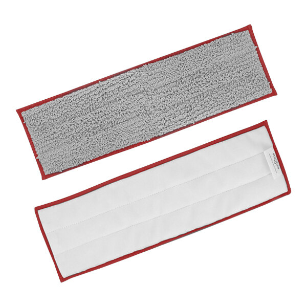 Two red and white Unger Excella restroom floor cleaning pads.