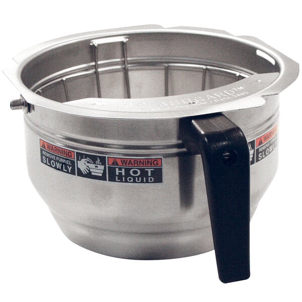 A stainless steel Bunn Gourmet C Funnel with a handle.